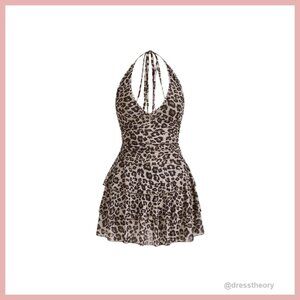 Women's Leopard Print Halter Dress Backless Ruffle Hem Mini